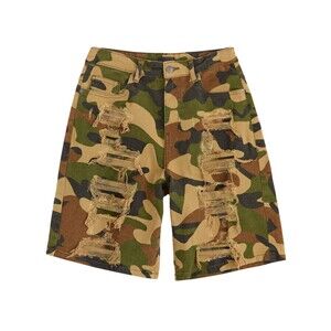 Reason Destroyed Denim Camo Shorts Men’s 38x9.5 Green Distressed Stretch